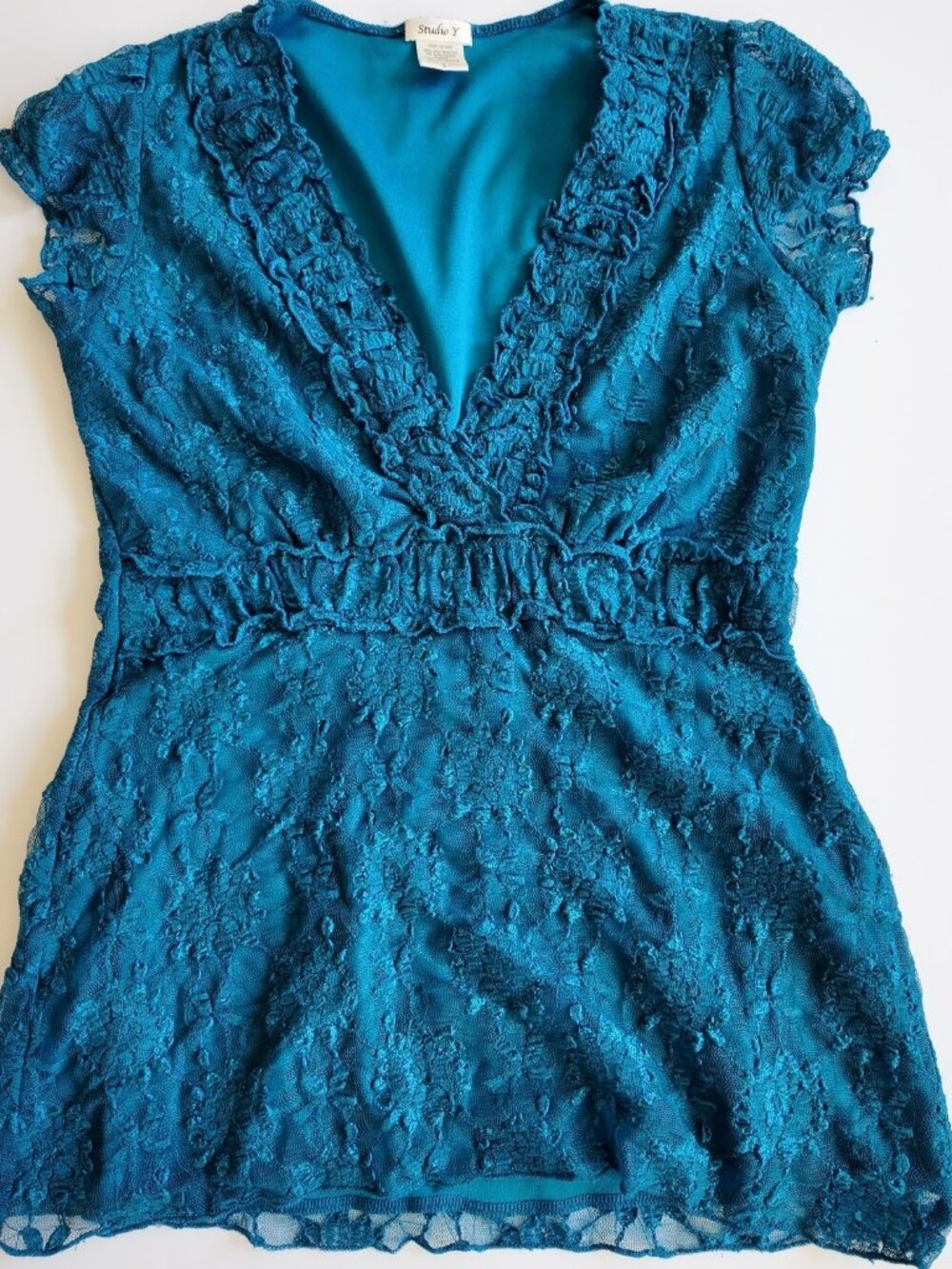 VTG y2k babydoll top lace turquoise by studio Y size S vintage 2000s officesiren
